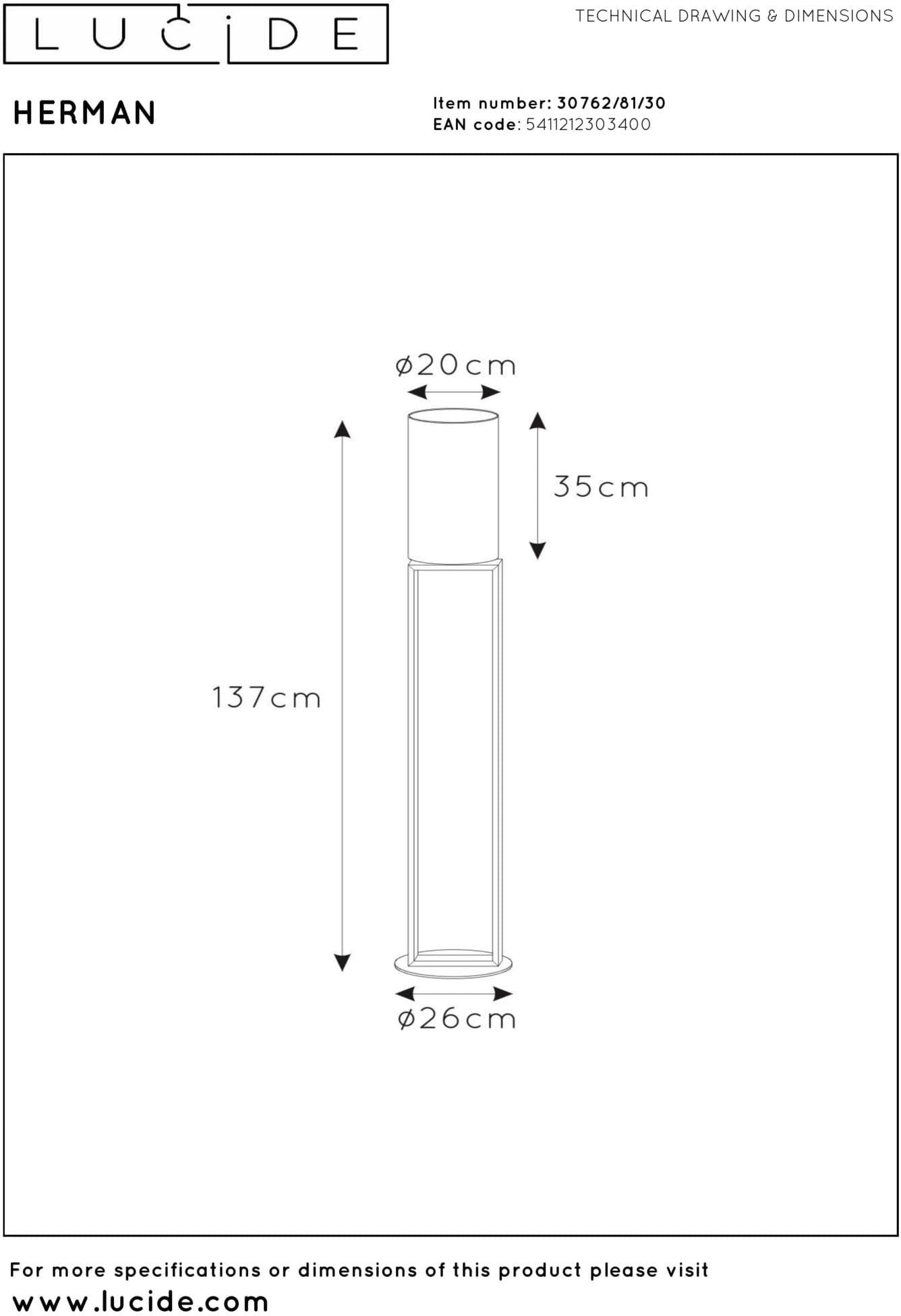 Herman Vloerlamp Ø26 cm - Zwart Lucide Vloerlamp 30762/81/30