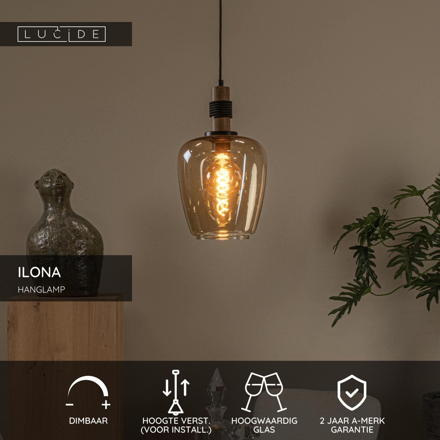 Ilona Hanglamp Ø22 cm - Amber Lucide Hanglamp 45408/22/62
