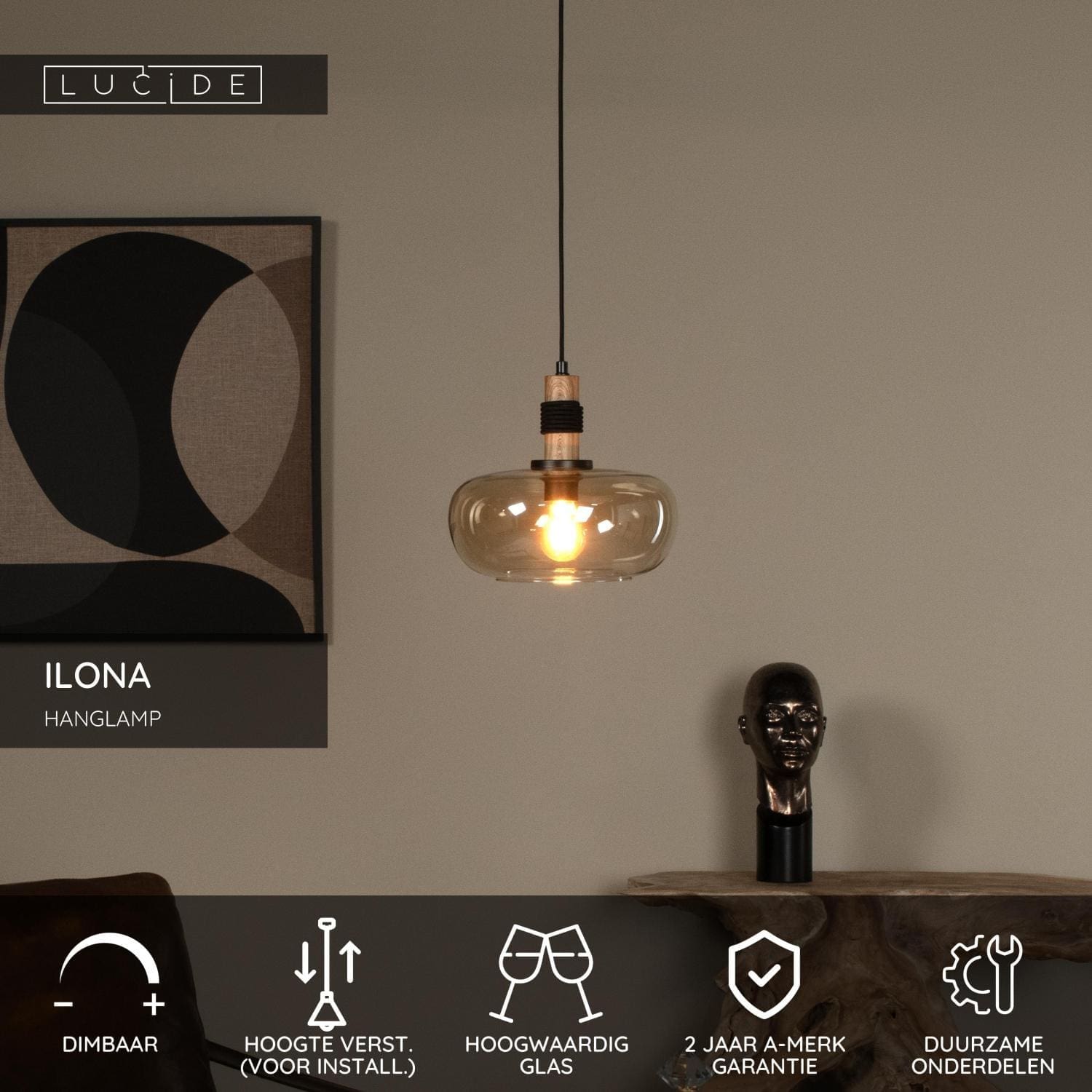 Ilona Hanglamp Ø30 cm - Amber Lucide Hanglamp 45408/30/62
