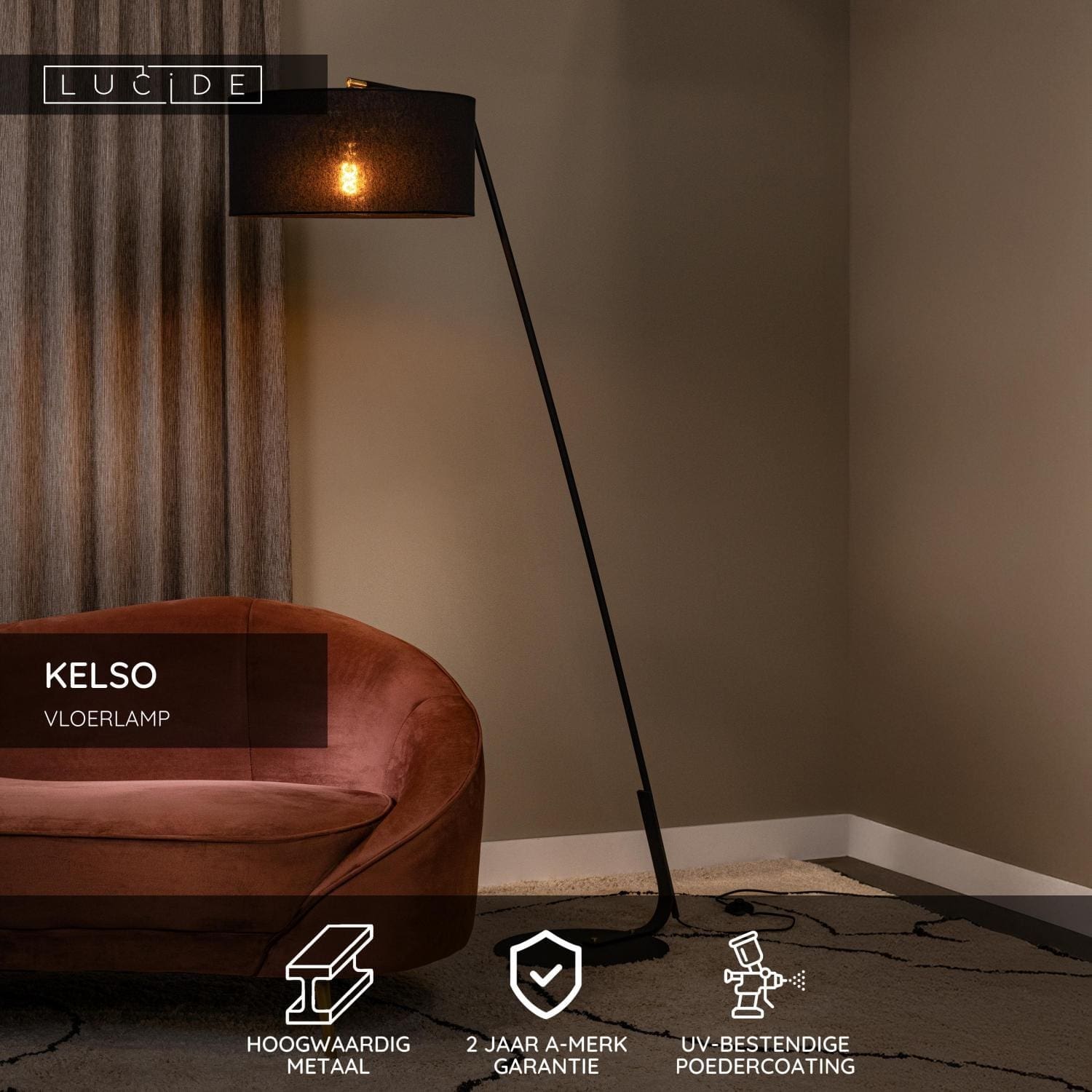 Kelso Vloerlamp - Zwart Lucide Vloerlamp 44719/81/30
