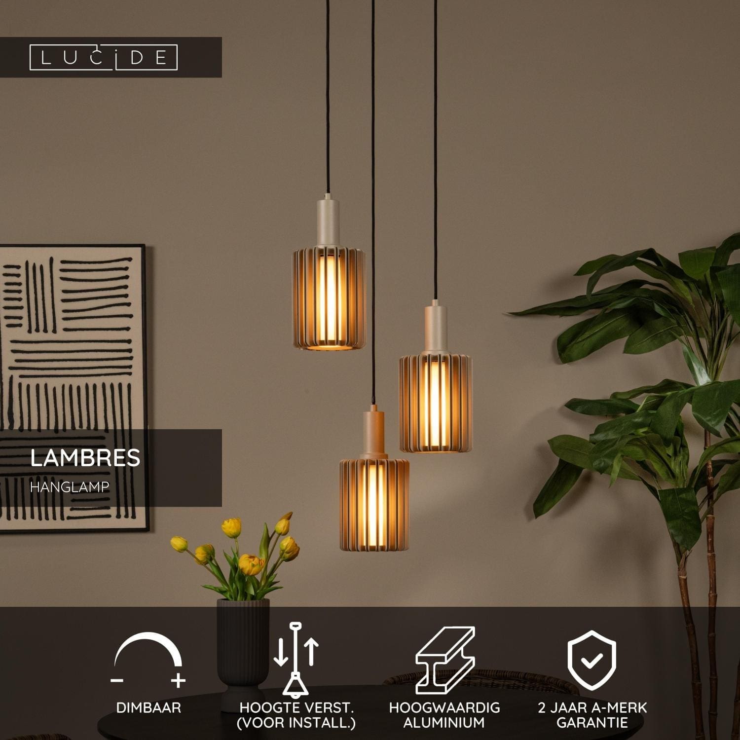 Lambres Hanglamp - Taupe Lucide Hanglamp 45410/13/41