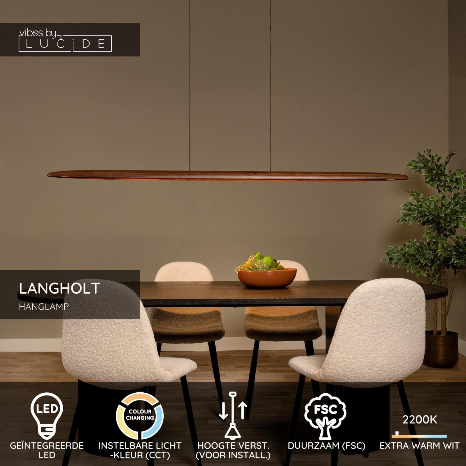 Langholt Hanglamp Led Dimb. Cct - Licht Hout | Vibes Lucide Hanglamp 01402/28/72