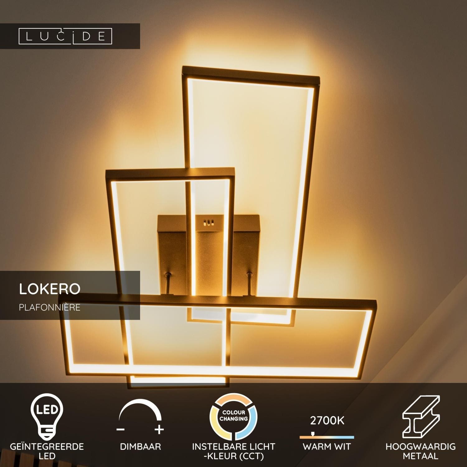 Lokero Plafonnière Led Dimb. Cct - Zwart Lucide Plafondlamp 78101/60/30