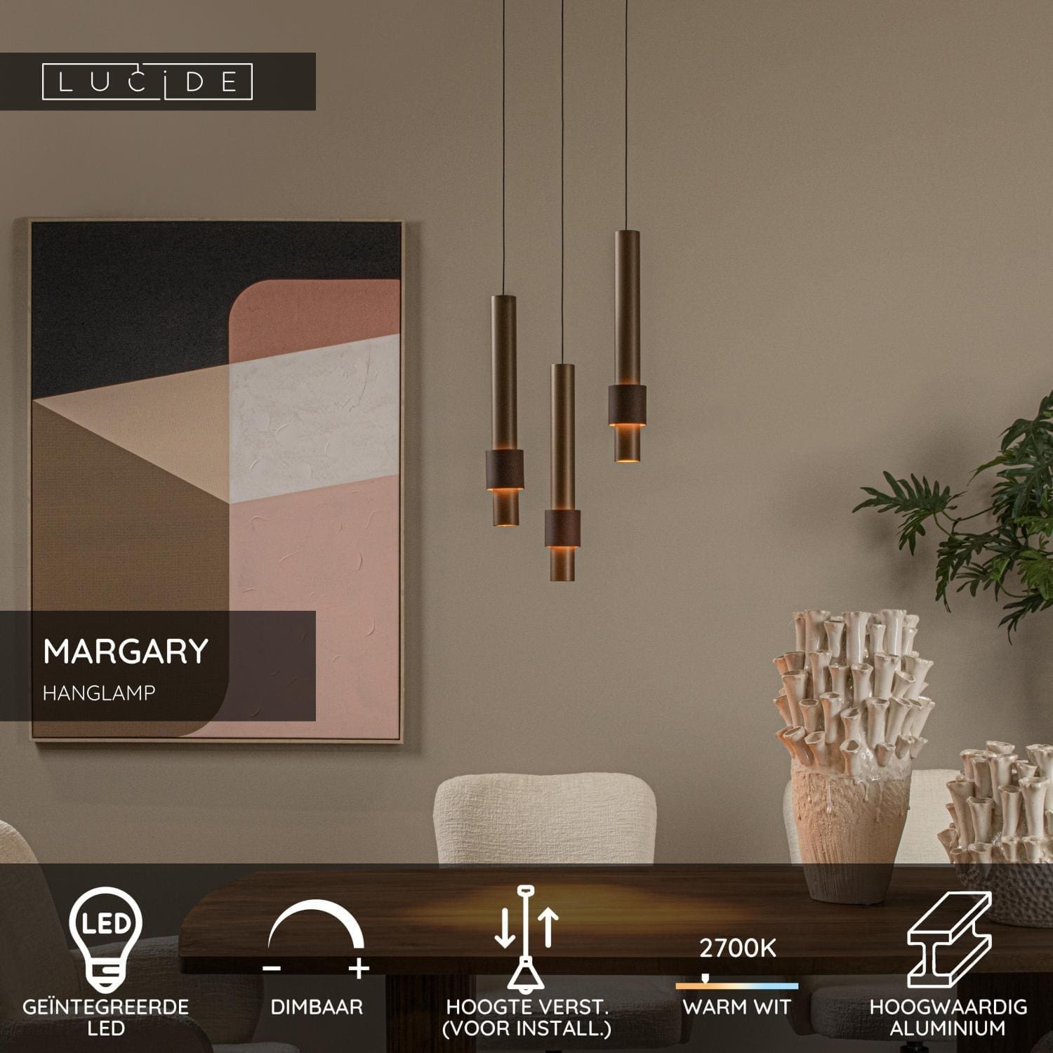 Margary Hanglamp Ø28 cm Led Dimb. - Koffie Lucide Hanglamp 24402/15/96