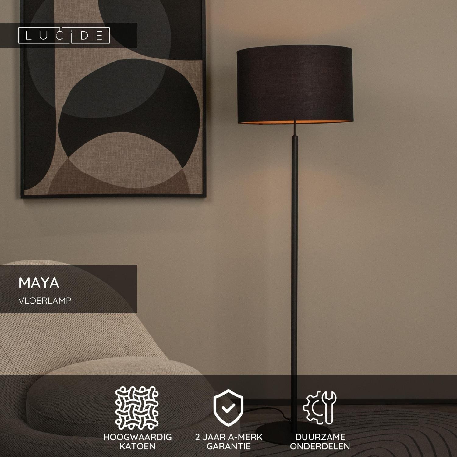 Maya Vloerlamp Ø45 cm - Zwart Lucide Vloerlamp 45709/81/30