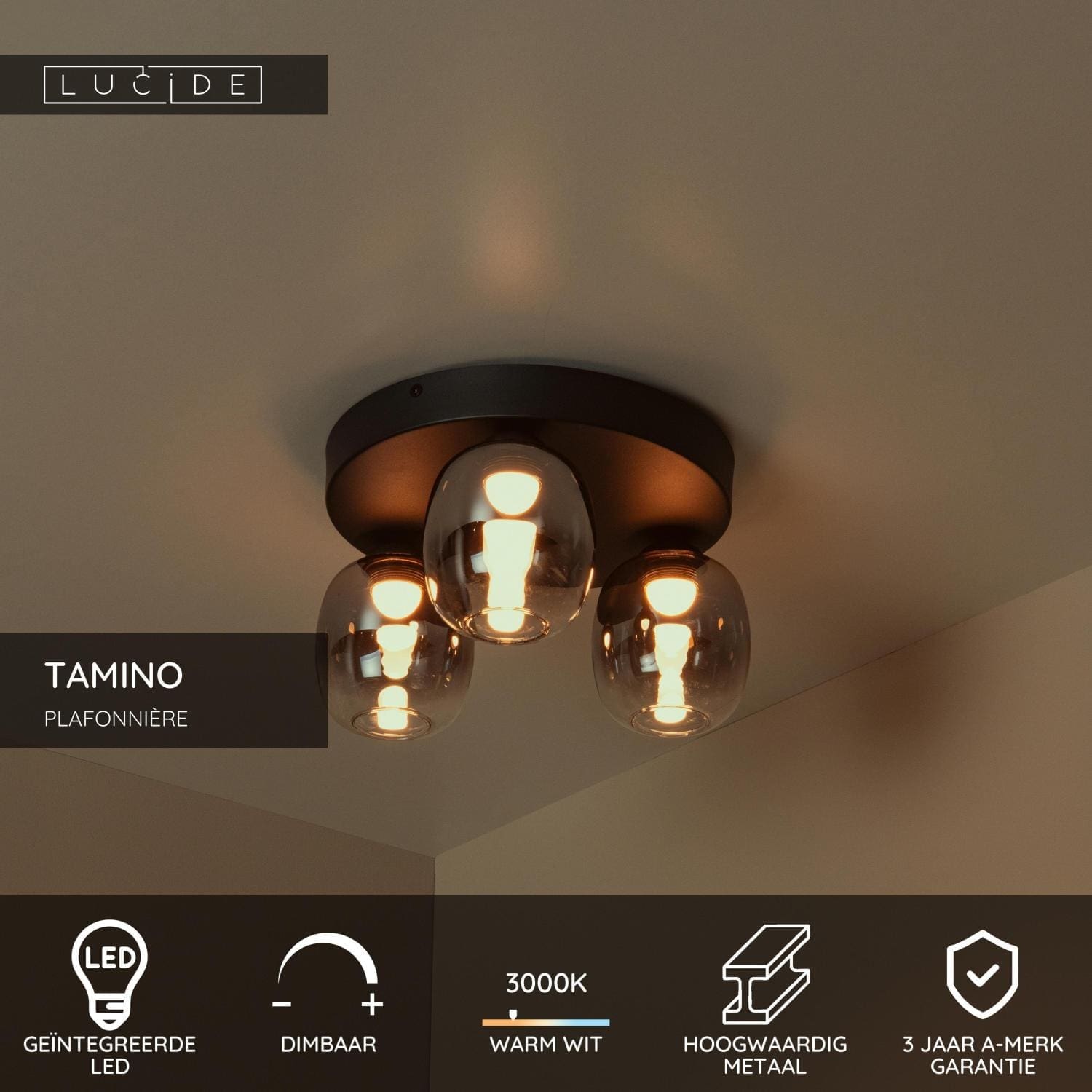 Tamino Plafonnière Led Dimb. - Zwart Lucide Plafondlamp 74119/15/30