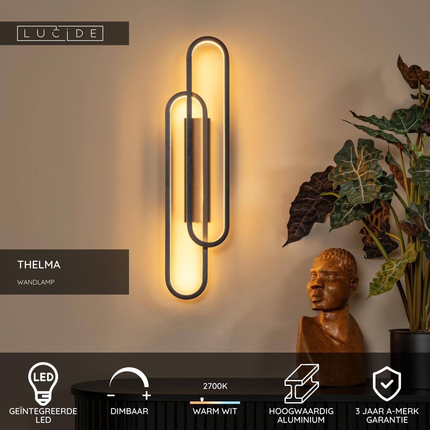 Thelma Wandlamp Led Dimb. - Zwart Lucide Wandlamp 78200/33/30