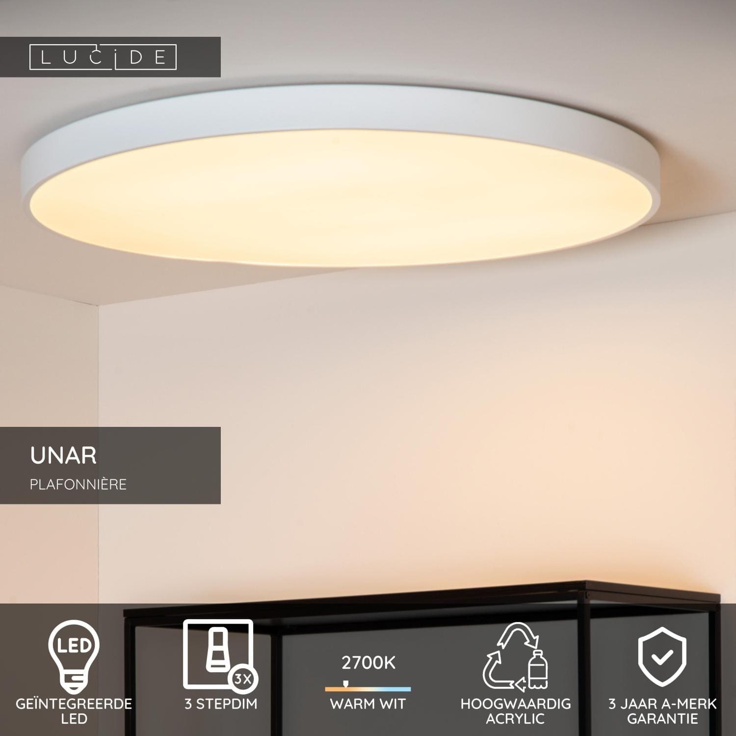 Unar Plafonnière Ø80 cm Led 3 Stepdim - Wit Lucide Plafondlamp 79185/80/31