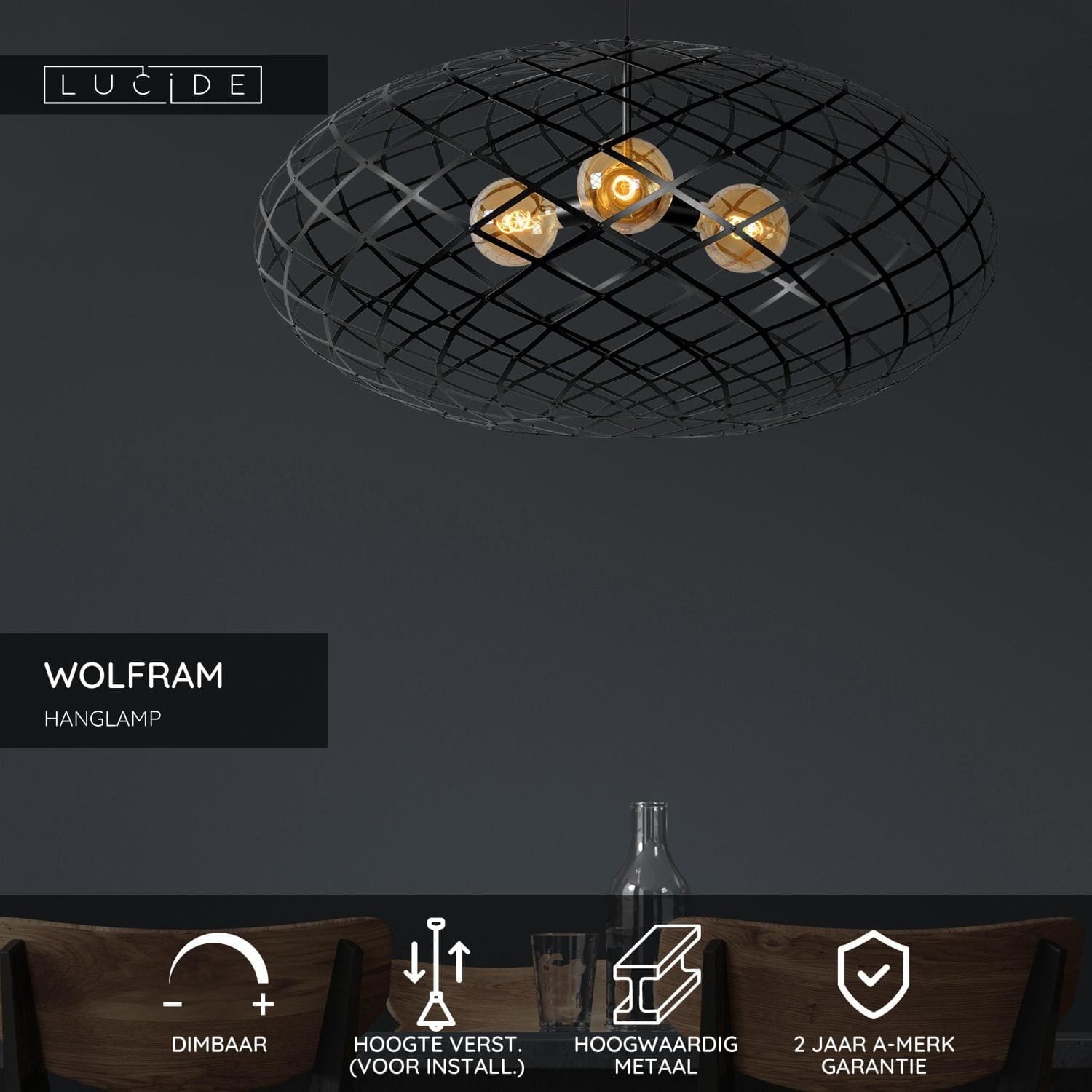 Wolfram Hanglamp Ø100 cm - Zwart Lucide Hanglamp 21417/99/30