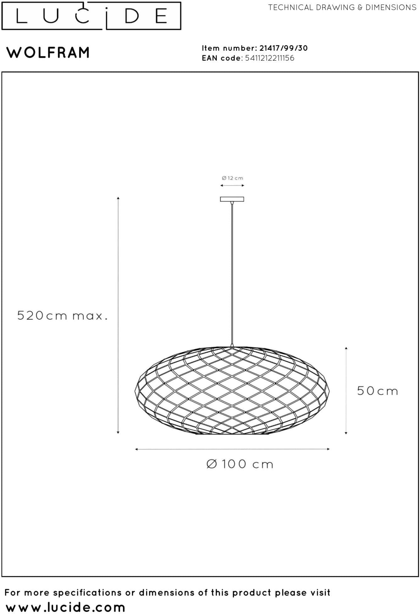 Wolfram Hanglamp Ø100 cm - Zwart Lucide Hanglamp 21417/99/30