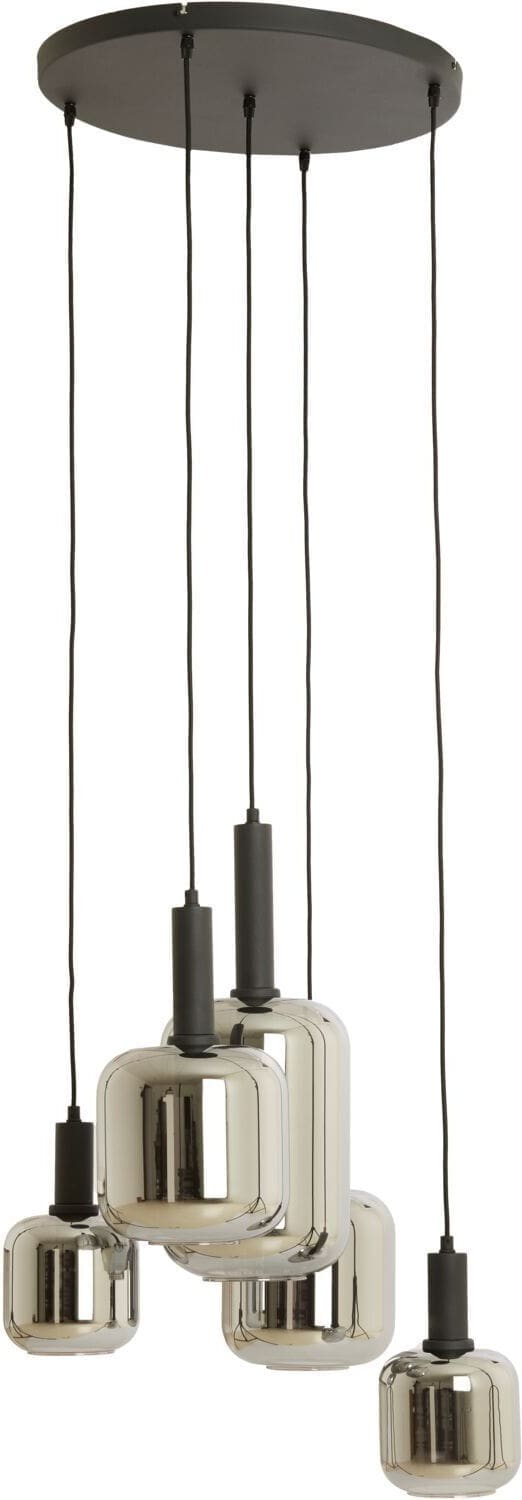 Pronto Wonen Hanglamp Trecate mat zwart smoke glas 5-lichts rond Zwart Verlichting