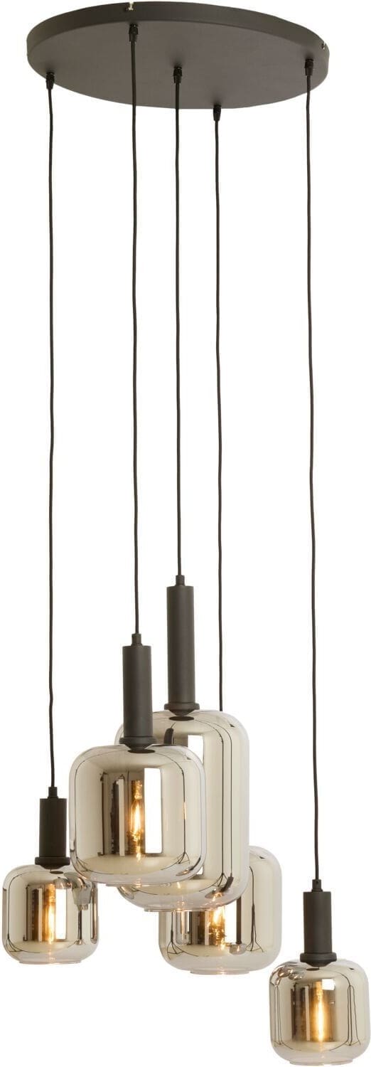 Pronto Wonen Hanglamp Trecate mat zwart smoke glas 5-lichts rond Zwart Verlichting