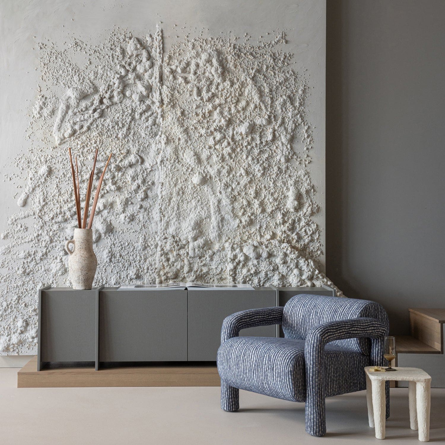 WOOOD Lenny fauteuil met dessin grijsblauw Grijs/blauw Fauteuil