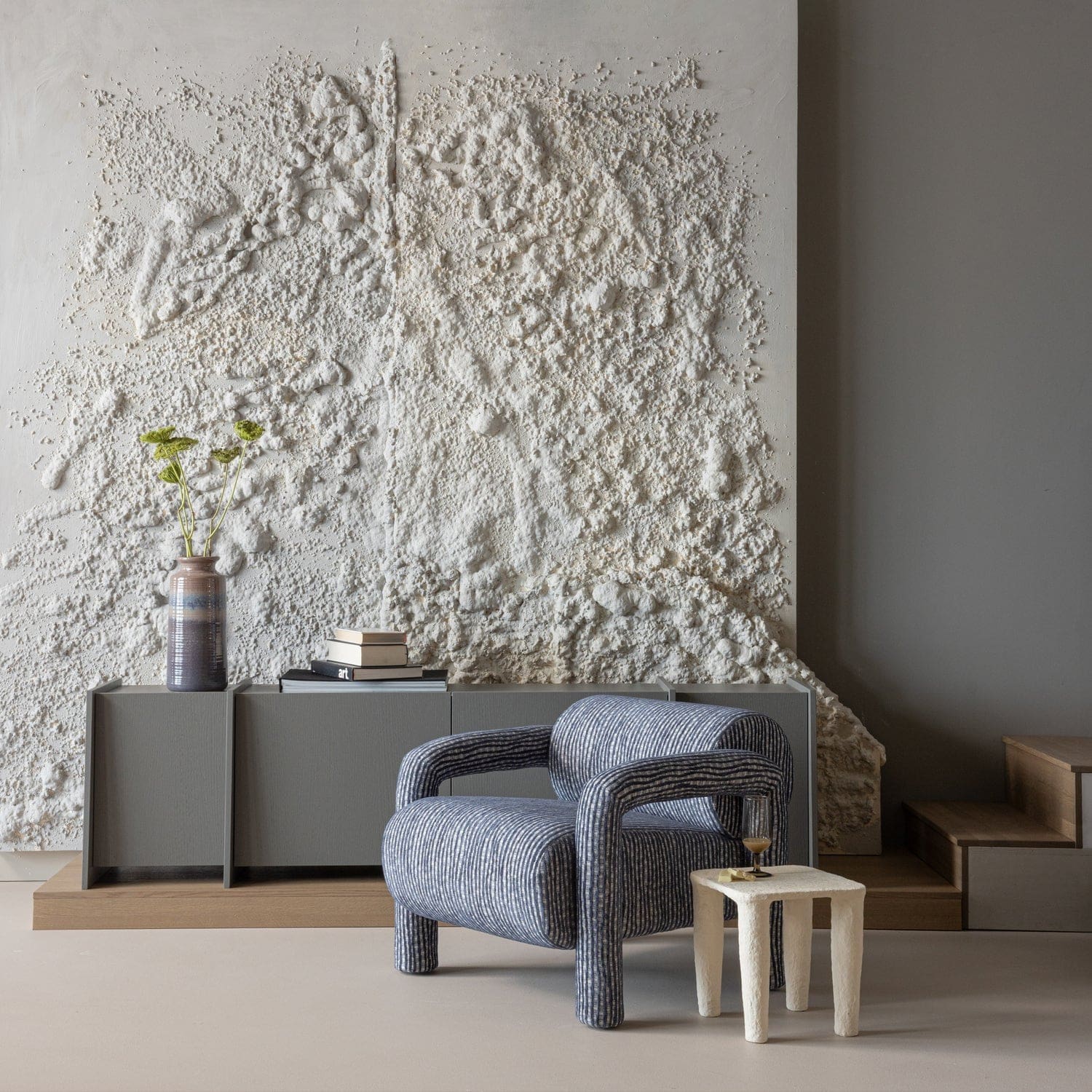 WOOOD Lenny fauteuil met dessin grijsblauw Grijs/blauw Fauteuil