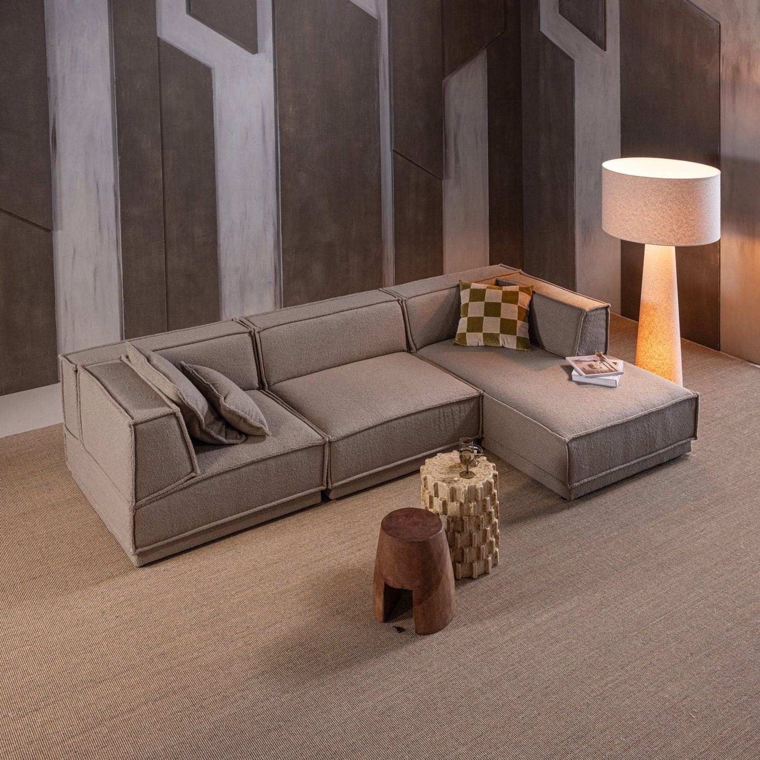 WOOOD Manu chaise longue rechts grove chenille naturel Naturel Modulaire banken