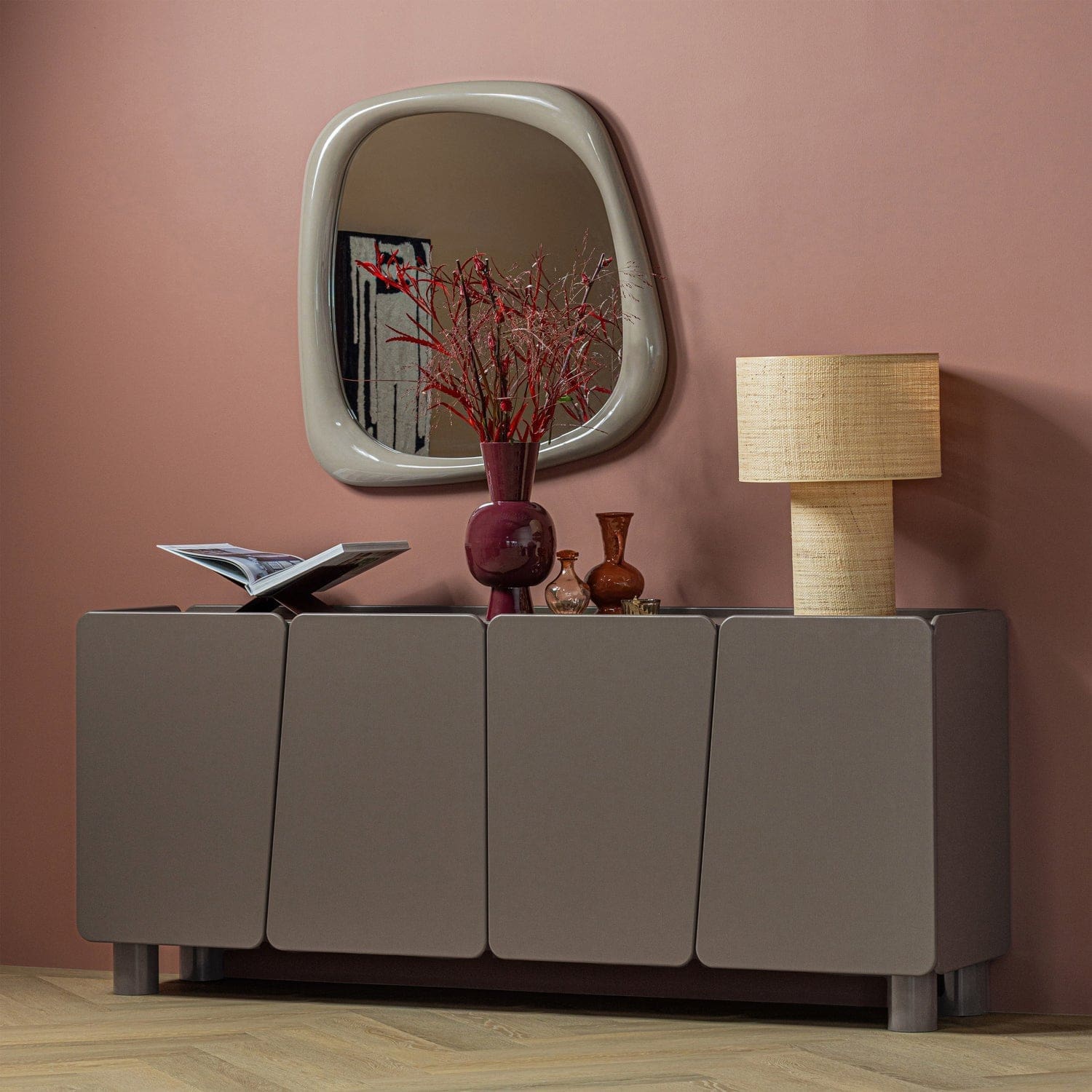 WOOOD Norea spiegel 90x90cm hout hoogglans zand Bruin|Beige Spiegel