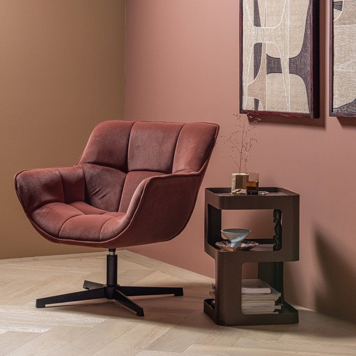 WOOOD Wibo draaifauteuil mat velvet bruinrood Bruin/rood Draaifauteuil