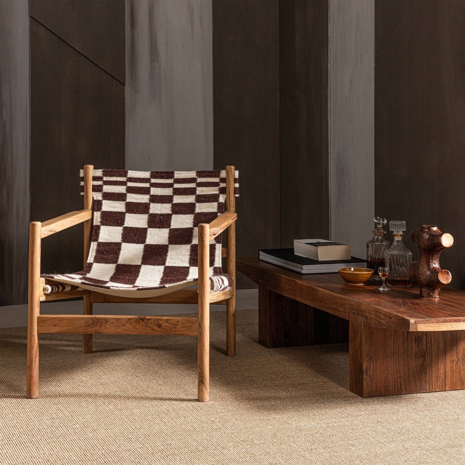 WOOOD Zano fauteuil hout bruin met kelim zitting naturel Bruin Fauteuil