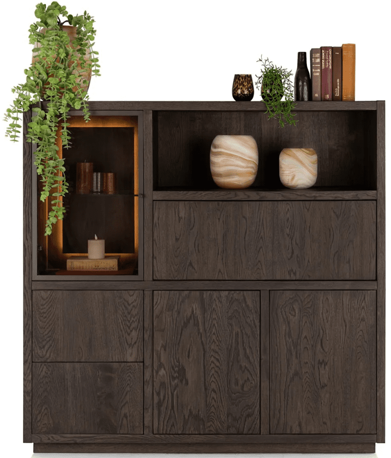 Gijon highboard 145 cm - verlichting - bruin