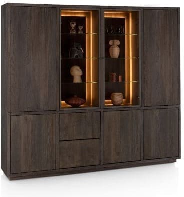 Henders & Hazel Gijon buffetkast 240 cm - 2-glasdeuren + 5-deuren + 2-laden (+ led) met plint Bruin Kast