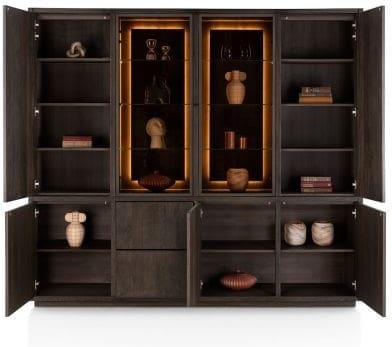 Henders & Hazel Gijon buffetkast 240 cm - 2-glasdeuren + 5-deuren + 2-laden (+ led) met plint Bruin Kast