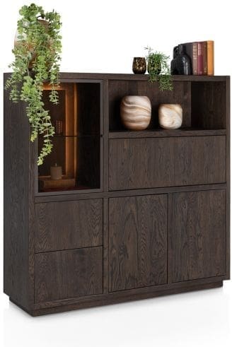 Henders & Hazel Gijon highboard 145 cm - 1-glasdeur + 2-deuren + 2-laden + 1-klep + 1-niche (+ led) Bruin Kast
