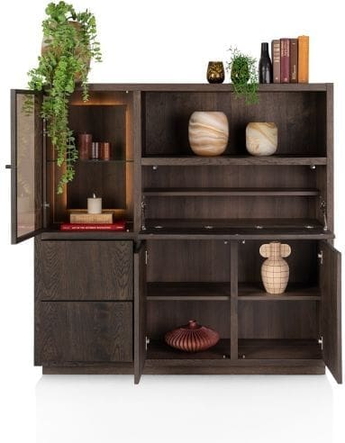 Henders & Hazel Gijon highboard 145 cm - 1-glasdeur + 2-deuren + 2-laden + 1-klep + 1-niche (+ led) Bruin Kast