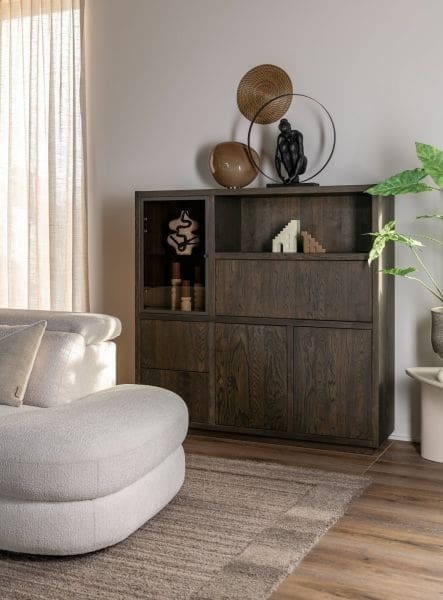 Henders & Hazel Gijon highboard 145 cm - 1-glasdeur + 2-deuren + 2-laden + 1-klep + 1-niche (+ led) Bruin Kast