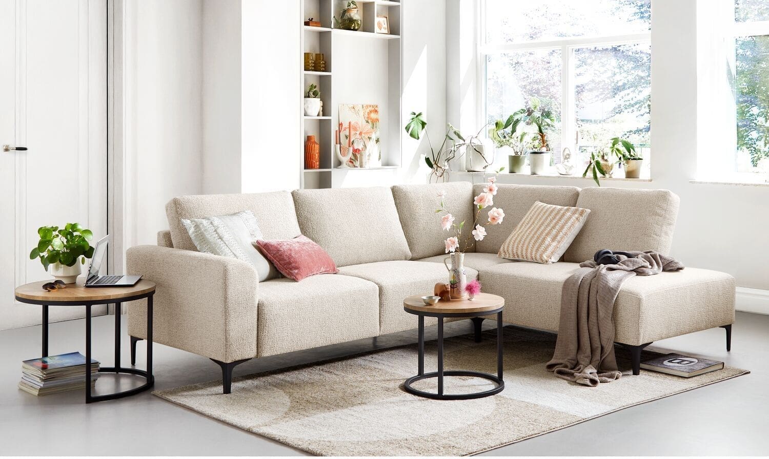 Profijt Meubel Hoekbank rechts Garzeno beige met hoge poten basic comfort Beige|Wit Hoekbank