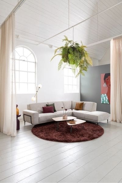Xooon Puglia 2.5-zitsbank arm links+hoek+ottomane small rechts - arm a - poot 19 cm. + design-frame + pocket - vada Beige|Wit Bank
