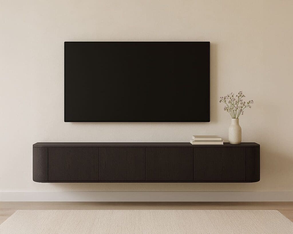 Zwevend donker tv-meubel onder wandgemonteerde televisie