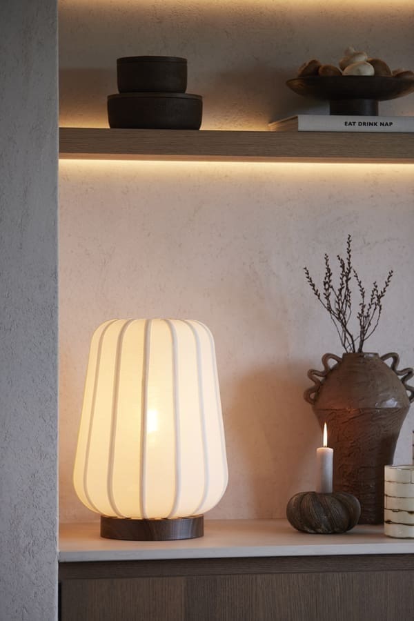 Light & Living Tafellamp Bibia - hout print donker bruin+wit Wit Tafellamp