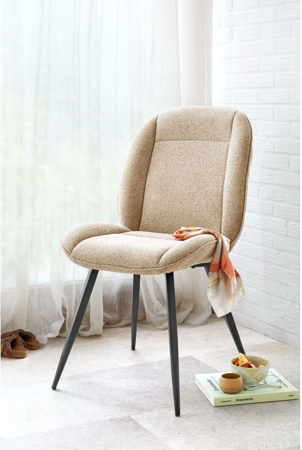 Profijt Meubel Eetkamerstoel Domeno bouclé beige Beige|Wit Eetkamerstoel