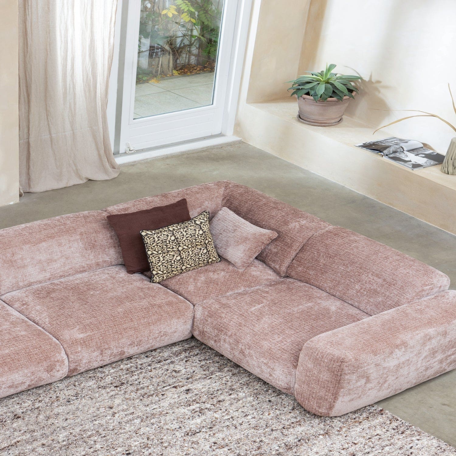 WOOOD Cloud hoekbank rechts chenille taupe/roze Taupe Hoekbank